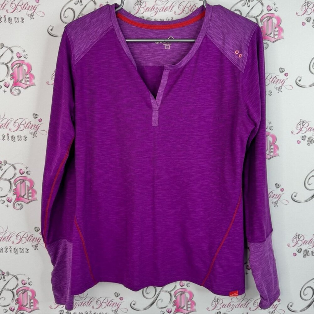 Eddie Bauer long sleeve V neck heathered Vibrant Purple Top Red Stitching